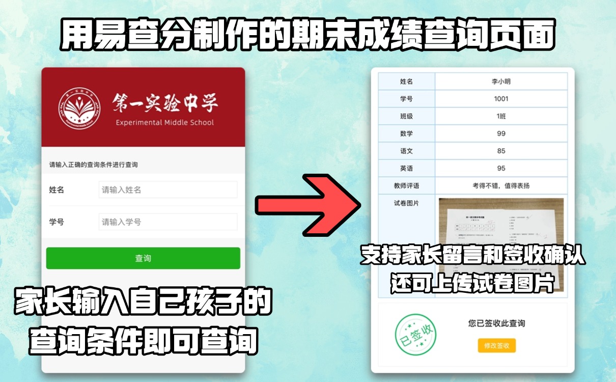 一分钟快速录入成绩单，一对一发成绩，就用易查分！