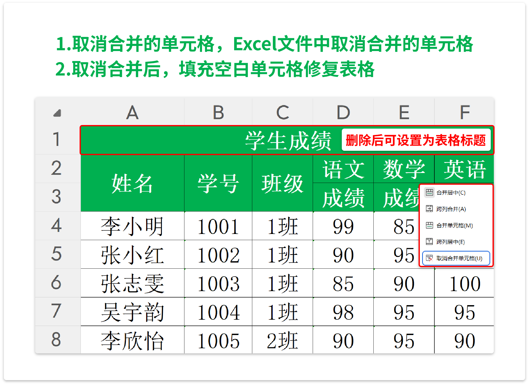 取消合并的单元格